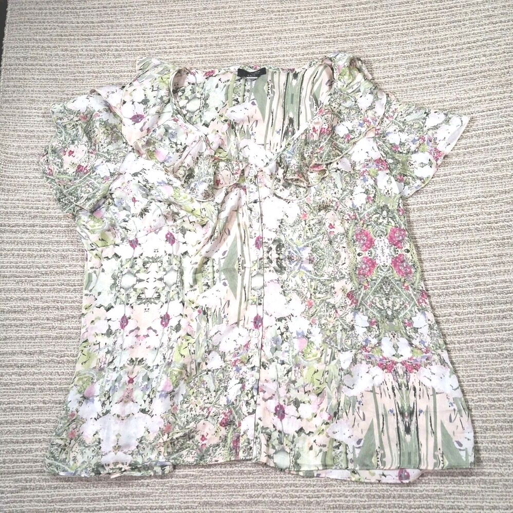 spense woman white green 1x floral blouse button front short sleeve ruffles...